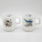 Anchor Hocking Fire King Milk Glass Bird Mugs Set Chickadee Blue Jay Vintage USA