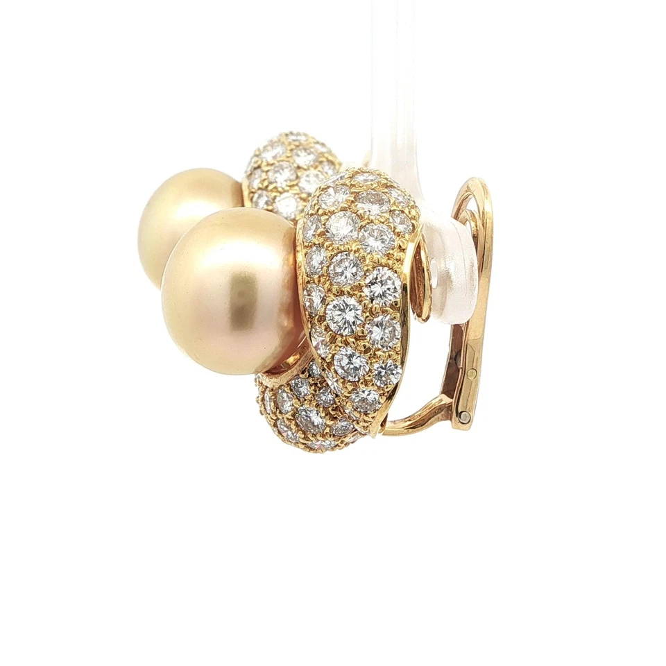 Vintage Yellow Gold 13.2mm Golden Pearl 7.0ctw Diamond Knot Clip On Earrings - Image 4 of 4