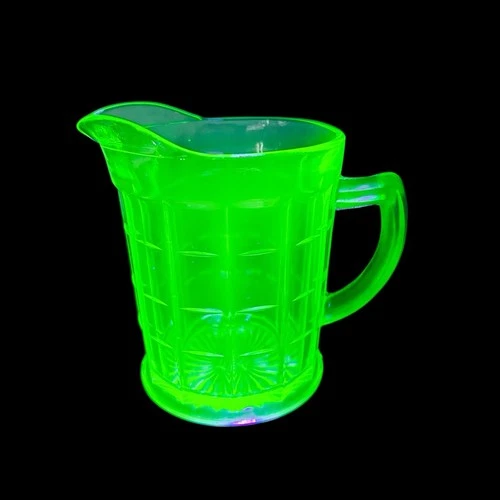 Hazel Atlas Uranium Green Block Depression Glass Pitcher 8 oz Vintage UV Glows