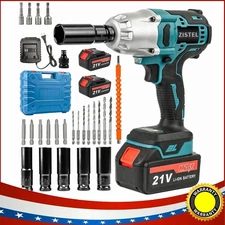 Cordless Impact Wrench 21V 1/2" 800Nm High Torque Brushless Drill w/ 2 Batteries