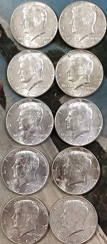 1964 Kennedy Half Dollars - 10 Each - 90% Silver - About Uncirculated