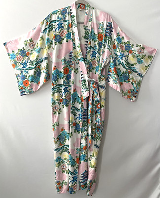 Vintage Joli Kimono Robe Floral Scenic Pink White Japan Est Sz L/XL -(C)