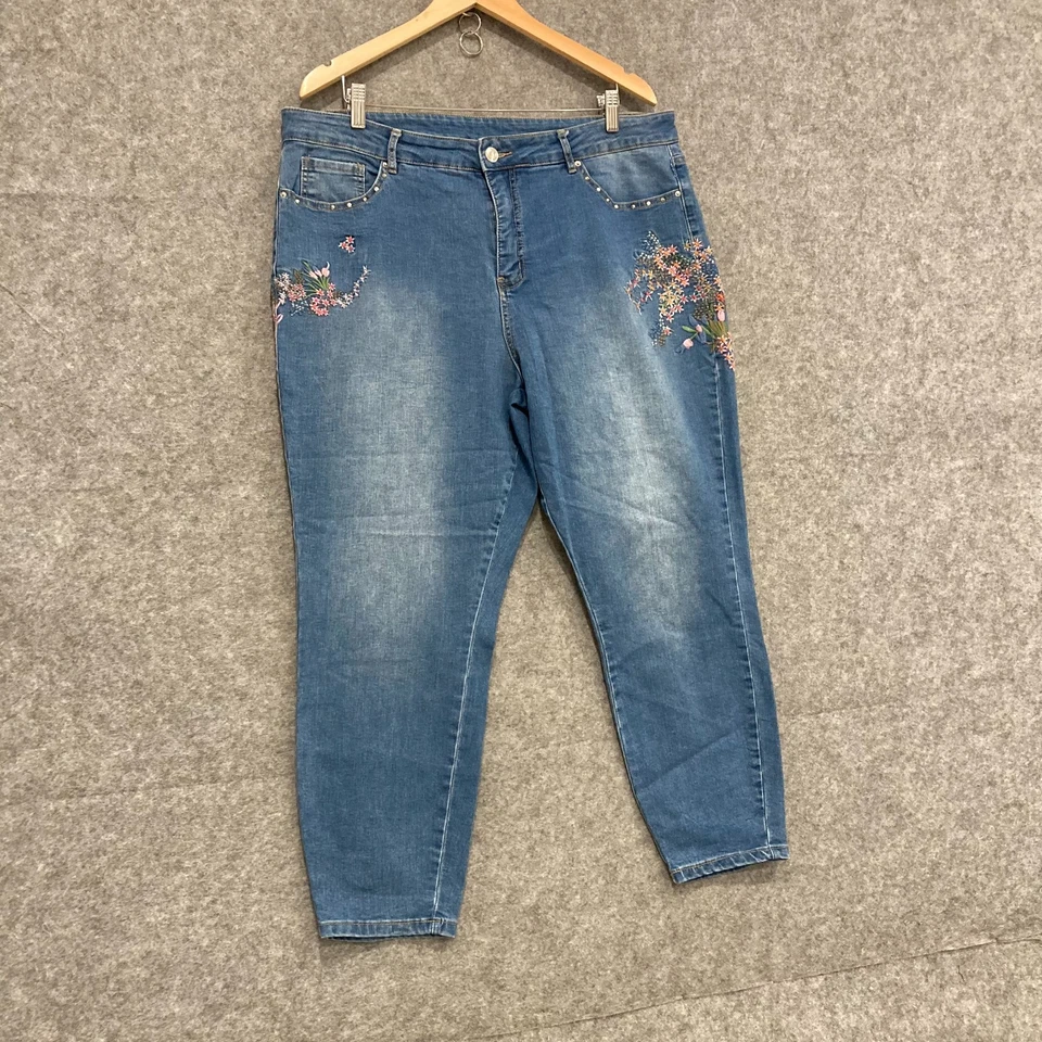 Rockmans Jeans Womens Size 18 Blue Floral Embroidered Denim Ankle 45613 - Image 2 of 4