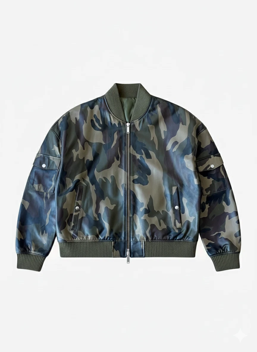 Men's Bomber Leather Jacket Rib Collared Real Sheepskin Camo Print Green Colour