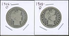 Lot of (2) Coins - 90% Silver Barber Half Dollars - 1906-O & 1908-O