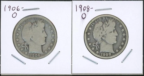Lot of (2) Coins - 90% Silver Barber Half Dollars - 1906-O & 1908-O