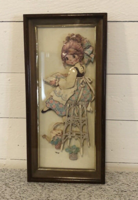 Vintage 3D Paper Art Girl in Garden Scene Shadow Box Signed Wendy