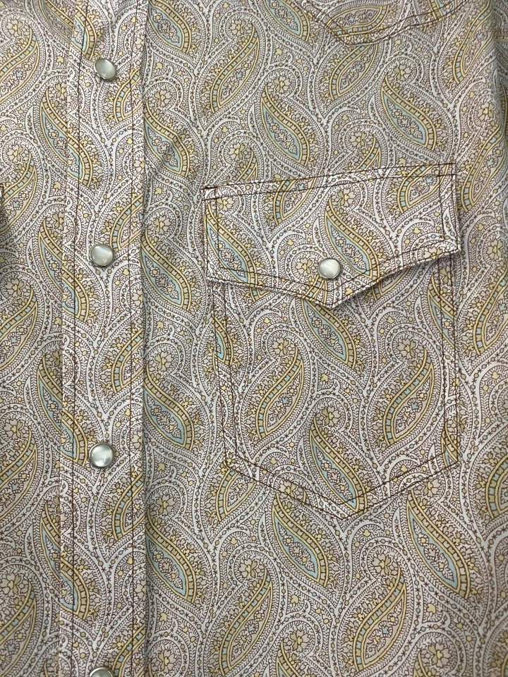 Theory Aqua Pink Yellow Brown Beige Green Paisley Western Pockets Shirt Small - Image 2 of 4