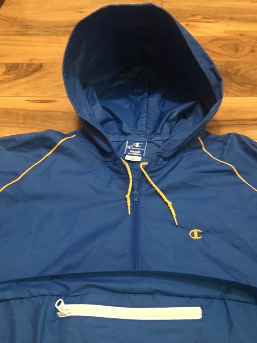 Vintage 90s CHAMPION Anorak Hooded Windbreaker Jacket Blue Yellow 