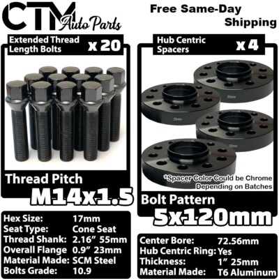 4x 25mm Thick 5x120 72.56mm C.B Wheel Spacer Black Bolt 14x1.5 BMW X3 X5 & More