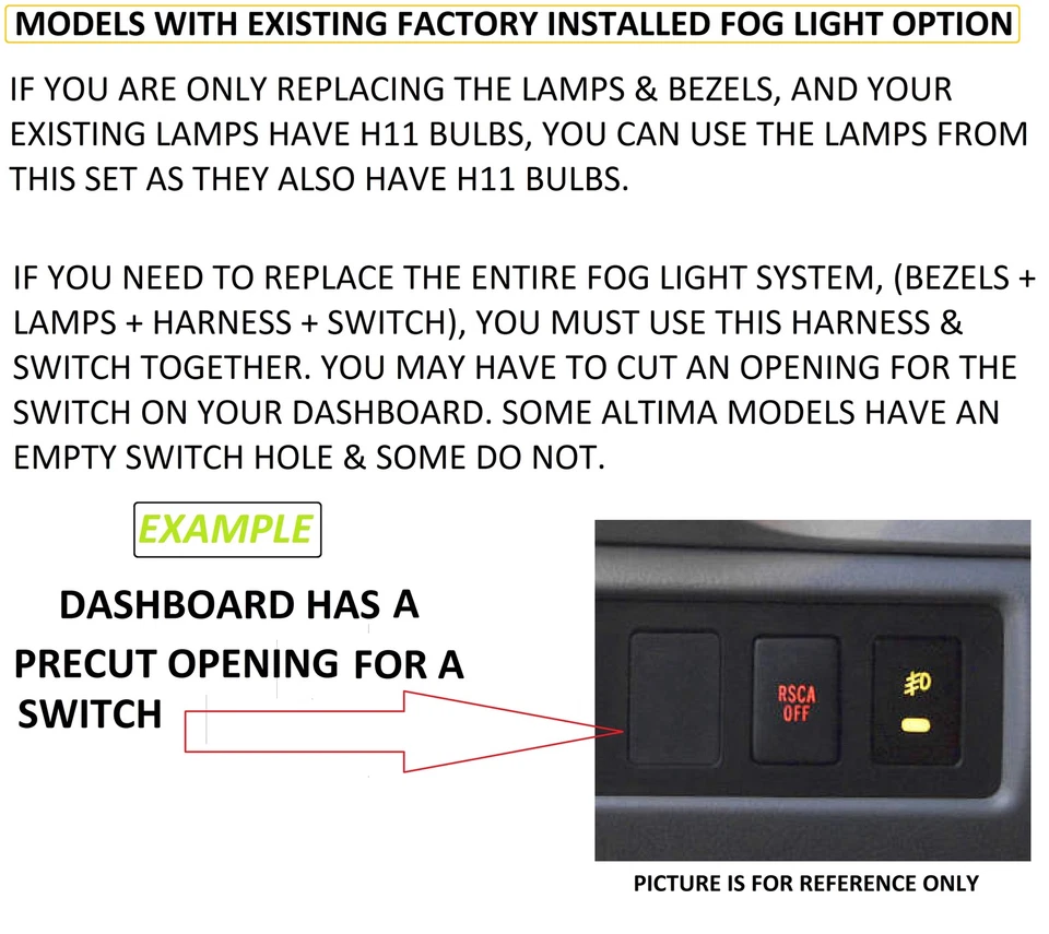 FITS 2013 14 15 NISSAN ALTIMA FOG LIGHT KIT HARNESS SWITCH LAMPS BEZELS BULBS - Image 3 of 4