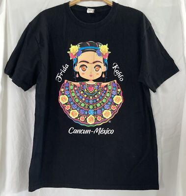 Frida Kahlo Animated Cartoon Neon Flowers Cancun Black Cotton T-shirt Size  M