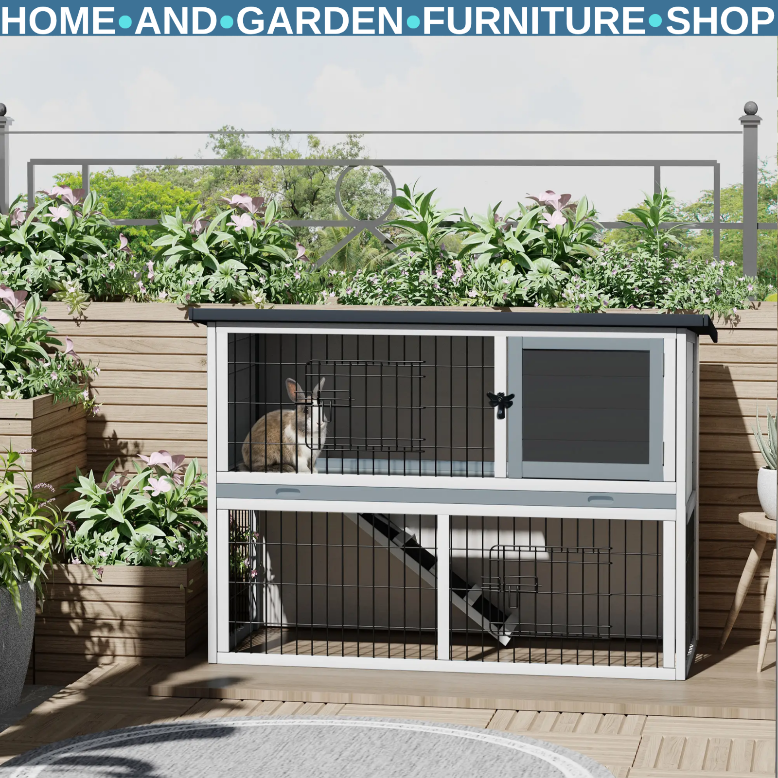 Rabbit Hutch Wooden 2-Tier Bunny House Cage Removable Tray Openable Top Grey