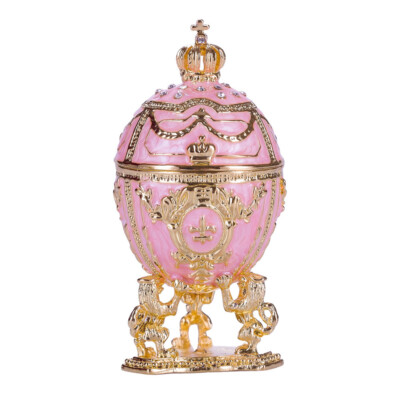 Faberge Egg Trinket Jewel Box with Lions and Imperial Crown 7.5 cm pink