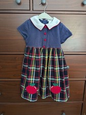 Vintage Baby Togs Dress Navy Plaid Apples Peter Pan Collar Belted Size 5Y