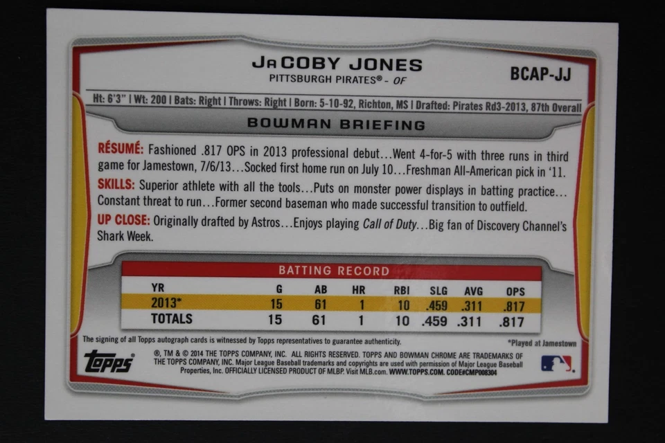 JaCoby Jones Pirates Autographed 2014 Topps 1st Bowman Signed ROOKIE Card - Image 2 of 3