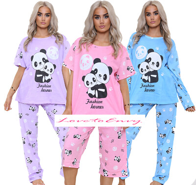 Damen Pyjama Set Cotton Rich Panda Loungewear Freizeit 2-teilig Nachtwäsche Set.