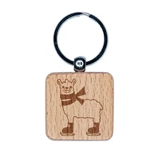 Ice Skating Llama Winter Engraved Wood Square Keychain Tag Charm