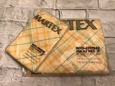 VTG 1970's Martex No Iron Percale Twin Fitted Sheet & Pair STD Pillowcases USA