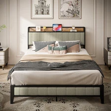 Full/Queen Size Bed Frame Metal Platform Bed w/ Storage Headboard & USB Port