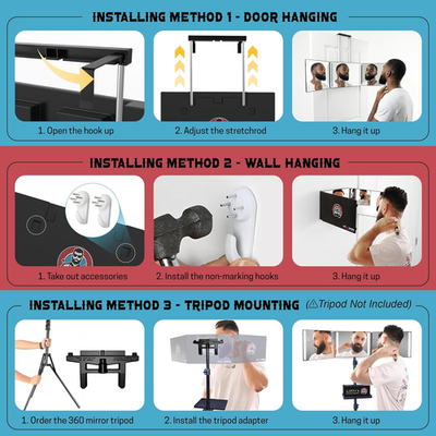 Miroir De Coiffure 360°, Miroir De Coiffure 3 Faces, Miroir Portable Suspendu Hauteur Reglable Miroir De Maquillage Pliable Pour Coiffure Rasage Hommes Et Femmes Noir Sans Led 1pc 92067543