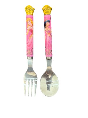 Disney Princess Child  Pink Spoon Fork Aurora Jasmine Tiaras Crowns HTF Flatware