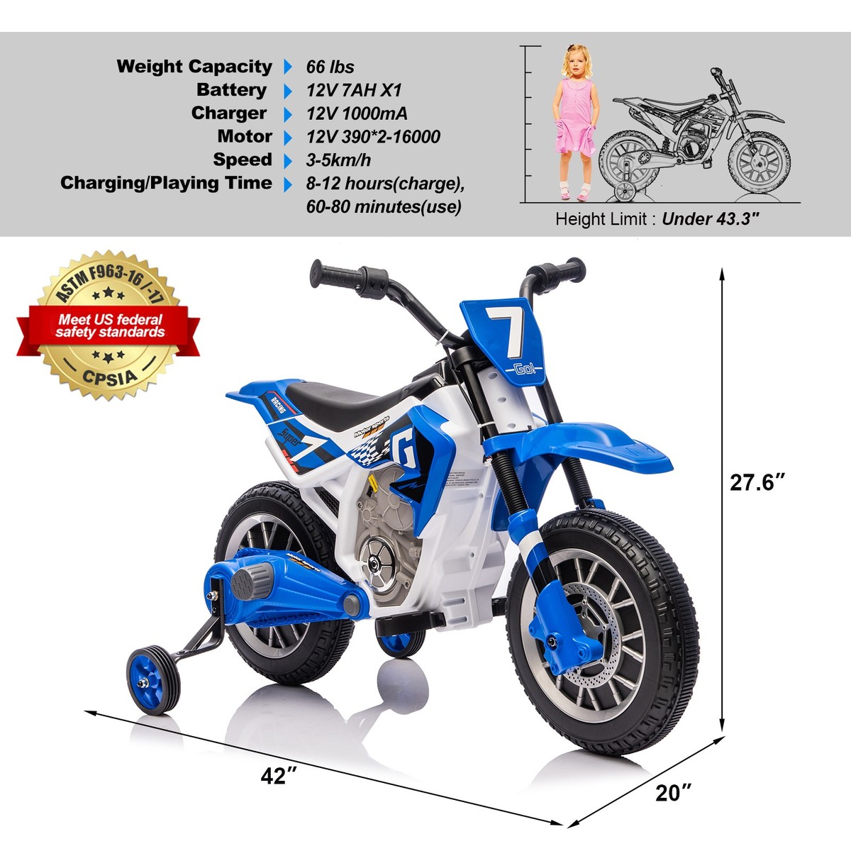 Electric 12V Blue Kids Ride On Motorcycle Bike Motorbike w