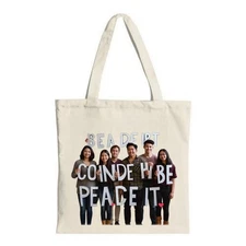 Beige Canvas Tote Bag with Smiling Friends Holding Hands - ' BEA DEPT COINDEY BE