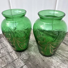Set of 2 Vintage Anchor Hocking Forest Green/Gold Mini Bud Vases 3.75"