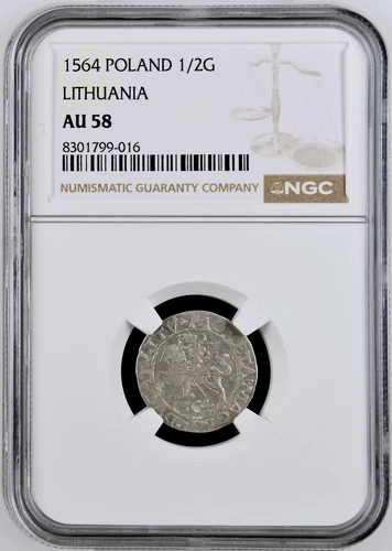 Poland  Lithuania 1/2 Groshe 1564 NGC AU58 Silver Sigismund August