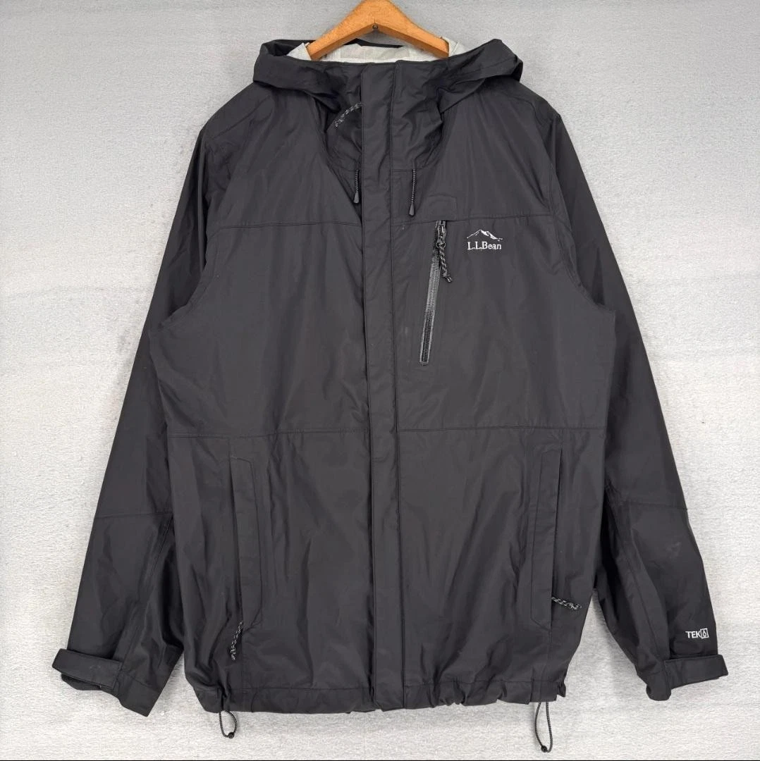 L.L.Bean Rain Jacket Mens Large Black Tek Hooded Water Proof Hiking Outdoor