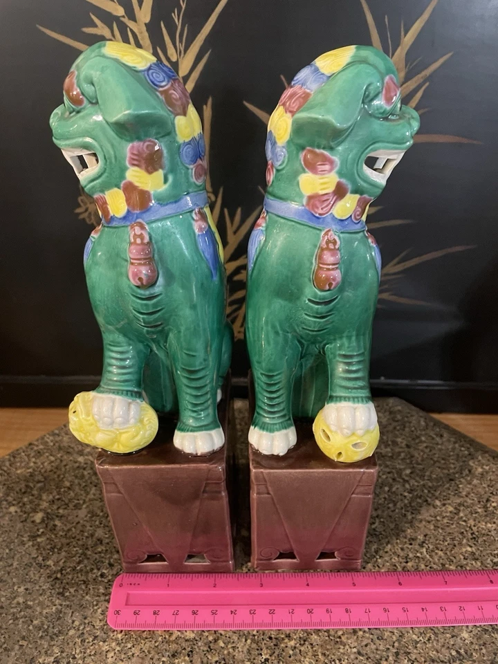 "Coloridas estatuas antiguas vintage de porcelana esmaltada chino Foo Dog León 10""" Foto 3 de 4