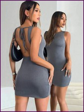 Women's solid color striped sexy backless sleeveless lace up dress