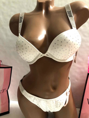 Victoria's Secret Shine Strap Swim Thong Bombshell +2-cup Push-up Set White NWT