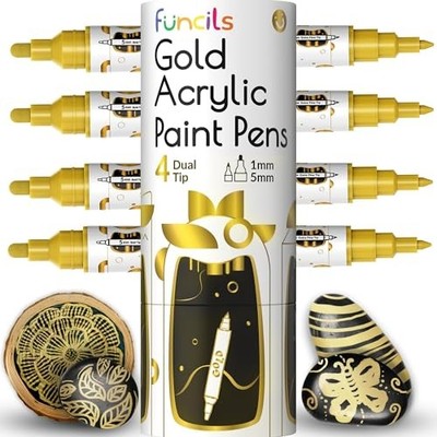 4 Dual Tip Paint Pen Metallic - Fine Tip & Medium Acrylic Paint Markers - Gold
