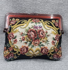 Vintage Tapestry Clutch Change Purse Kiss Lock Black Floral Grannie Style 7"x6"