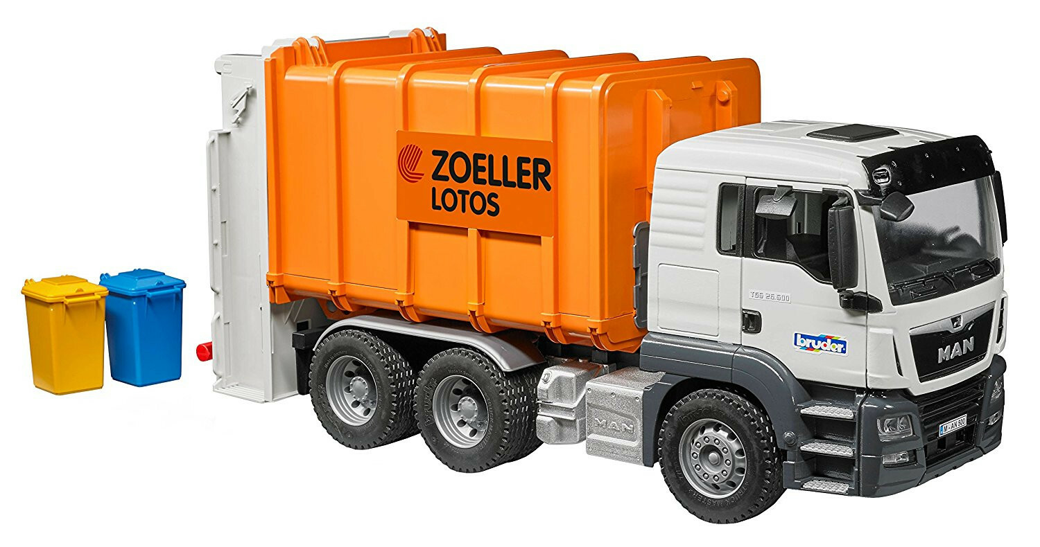 bruder toys man side loading garbage truck orange