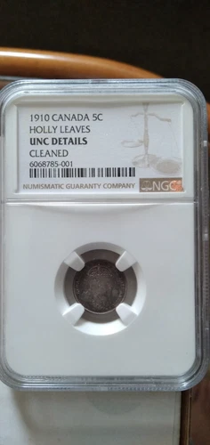 Canada 1910 "Holly Leaves" 5c silver coin NGC UNC-cleaned