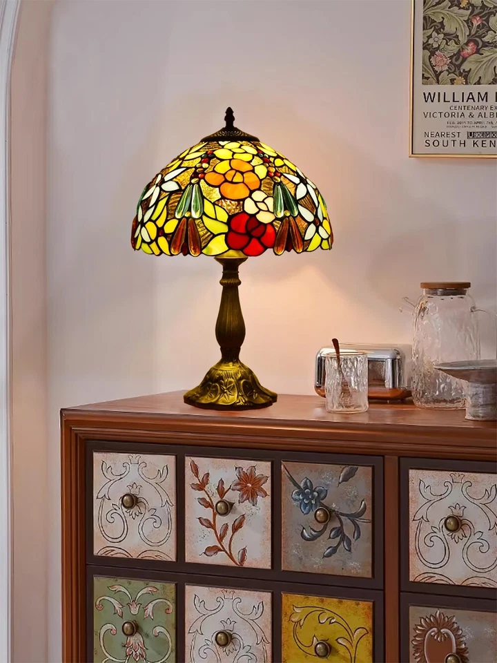 Tiffany style Vintage Stained Glass Table Lamp Rose Floral Desk Light 18" Tall - Image 3 of 4