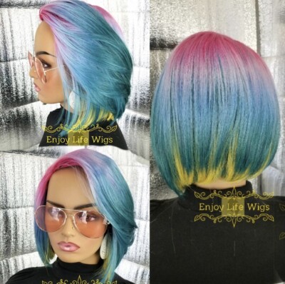 Rainbow Human Hair Blend Wig Luxury Lace Rainbow Orange Purple Green Blue Neon Bright  main image 4