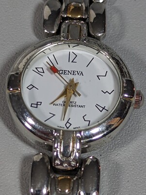 Geneva White Dial Round Silver Tone Case Two Tone Link Bracelet Band Watch