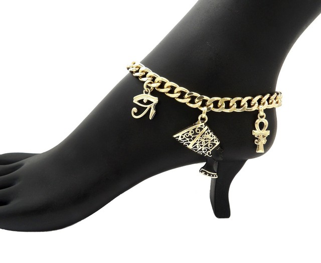 Women Egyptian NEFERTITI & EYE & ANKH CROSS Fashion Bling Anklet Ankle