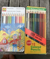 2 VINTAGE SETS 12 COLORED PENCILS PRANG + SES CREATIVE TIN LIGHTLY USED