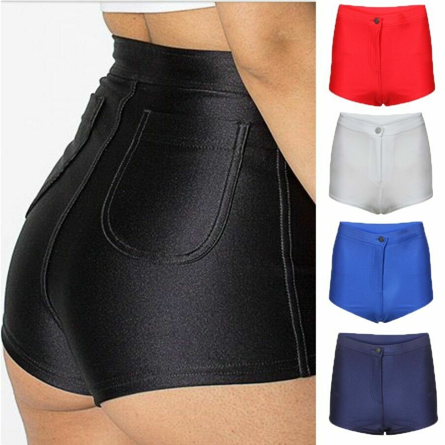 WOMENS/LADIES HIGH WAIST AMERICAN STYLE SHINY DISCO SHORTS/HOT PANTS SZ 6 - 20