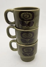 Set of 3 MCM Retro Avocado Green Floral Ceramic Stackable Mugs Japan