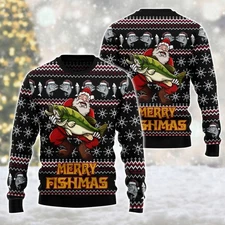 Merry Fishmas Santa Hug Fishing Ugly Christmas Sweater Happy Holiday Sweater