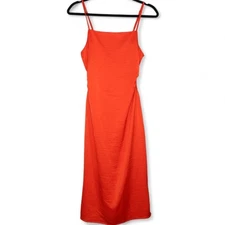 Christian Lacroix Womens Size M Coral Satin Midi Dress Sleeveless Tie Back