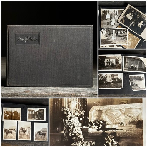 Antique Photo Album 1900s-1920s Snapshots, Family, Animals, Post Mortem, Auto