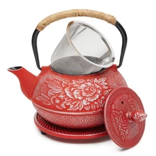 Cast Iron Teapot with Infuser, Japanese Tea Kettle (Red, 3 Pcs, 27 oz, 800 ml)