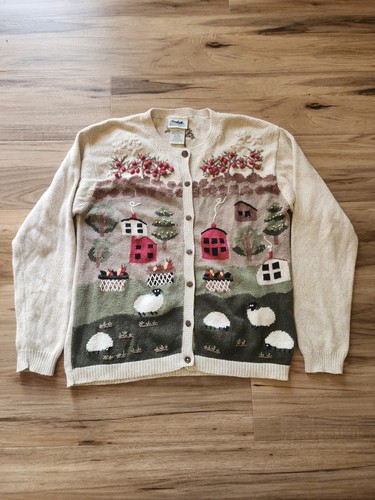 Vintage Northern Reflections Knitted Farm Cardigan Sheep Apples Large